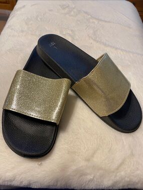 Glitter Strap Slide Sandals in Gold for Women
